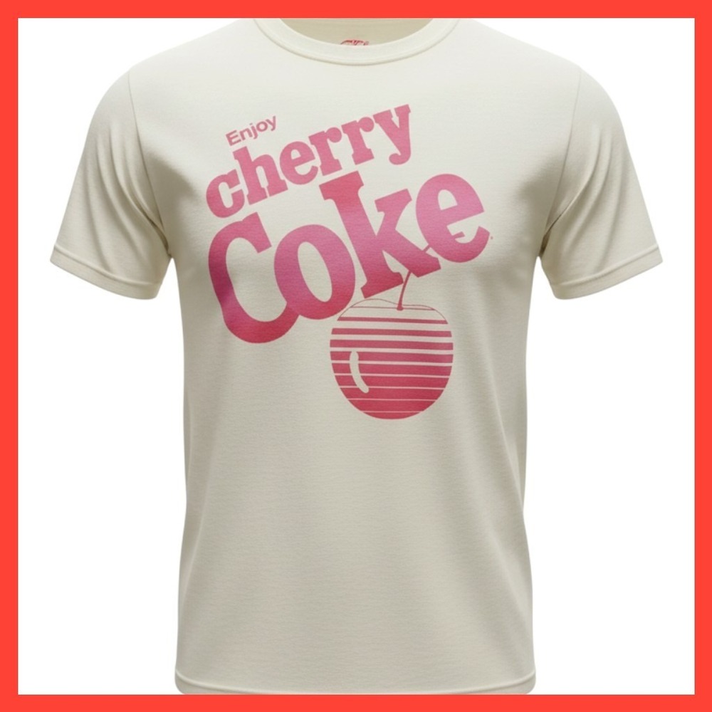 Coca-Cola Cherry Coke Graphic T-Shirt Cream Pink Retro Logo Small